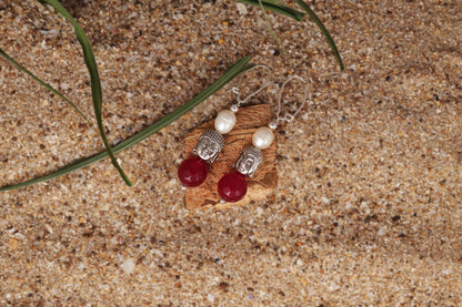 German Silver Plated Oxidised Buddha, Semi Precious Pearl And Agate Bead Earring And Women. (Ruby Red)