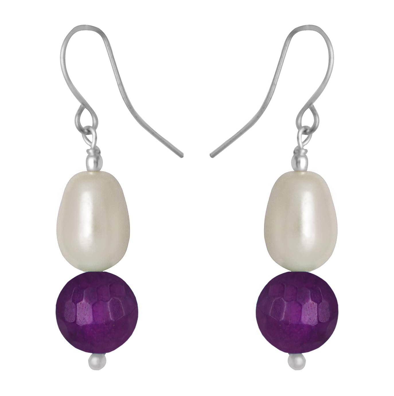 German Silver Plated Design Imitation Pearl Reiki Gemstone Onyx Bead Dangler Earring (Purple)