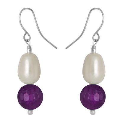 German Silver Plated Design Imitation Pearl Reiki Gemstone Onyx Bead Dangler Earring (Purple)
