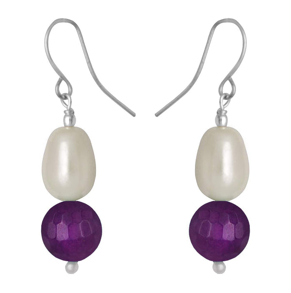 German Silver Plated Design Imitation Pearl Reiki Gemstone Onyx Bead Dangler Earring (Purple)