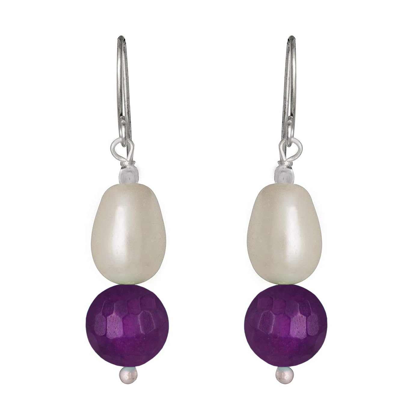 German Silver Plated Design Imitation Pearl Reiki Gemstone Onyx Bead Dangler Earring (Purple)