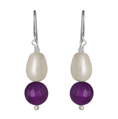 German Silver Plated Design Imitation Pearl Reiki Gemstone Onyx Bead Dangler Earring (Purple)