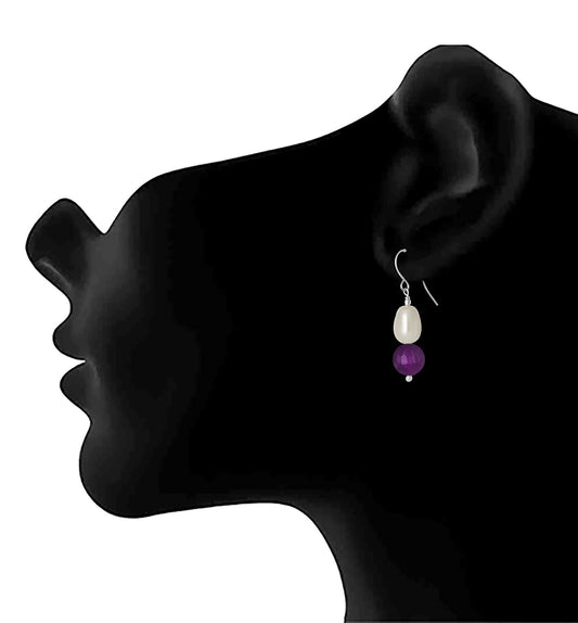 German Silver Plated Design Imitation Pearl Reiki Gemstone Onyx Bead Dangler Earring (Purple)