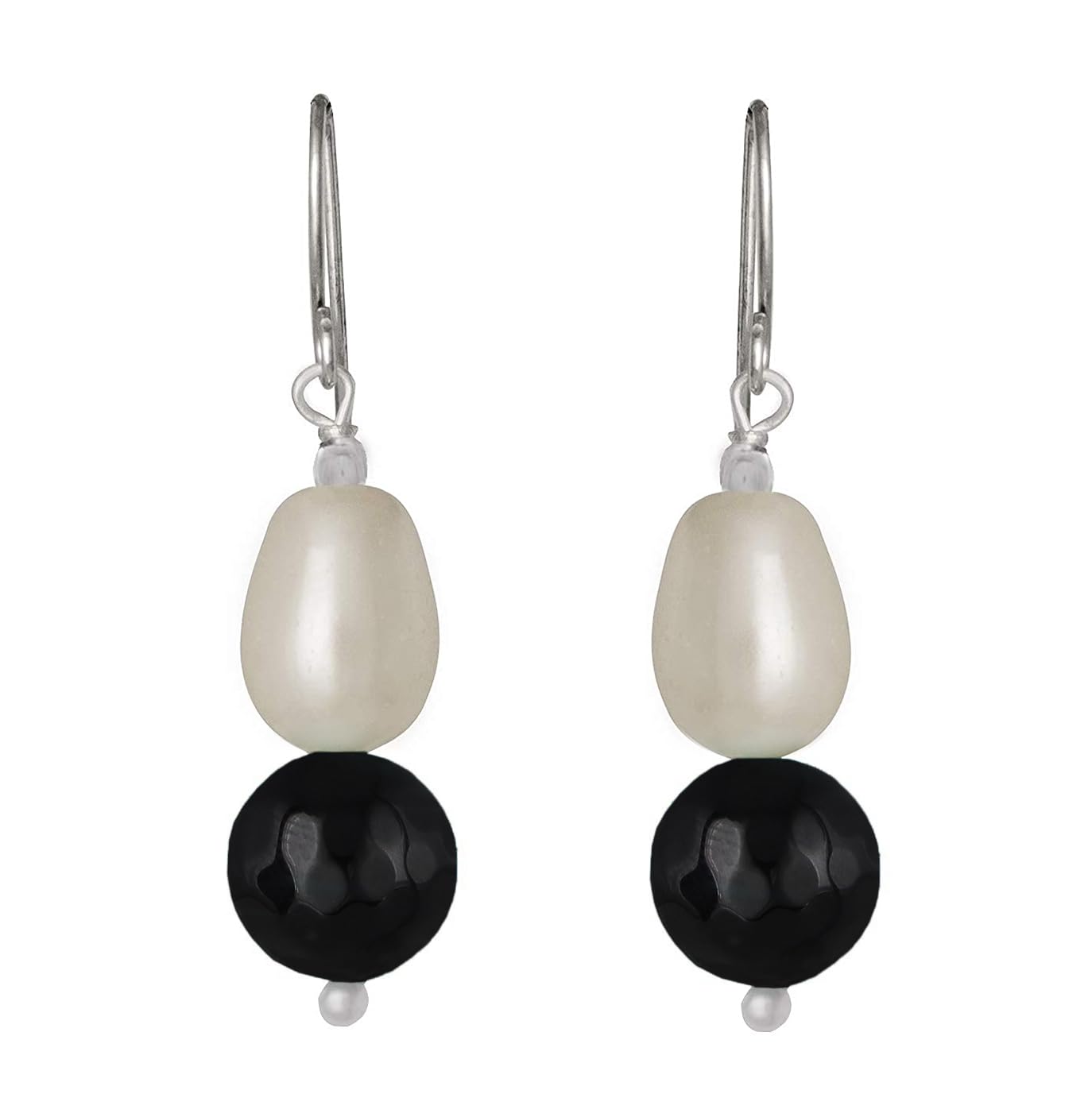 German Silver Plated Design Imitation Pearl Reiki Gemstone Onyx Bead Dangler Earring (Black)