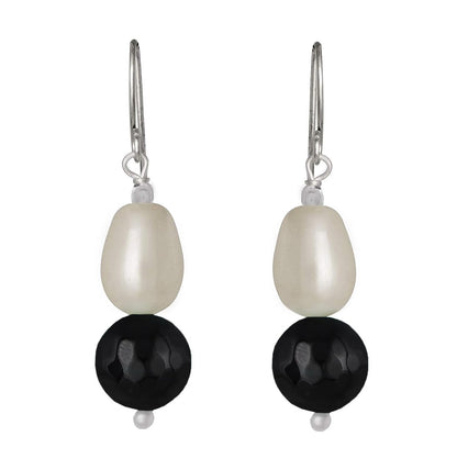 German Silver Plated Design Imitation Pearl Reiki Gemstone Onyx Bead Dangler Earring (Black)