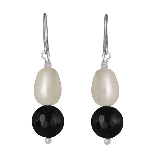 German Silver Plated Design Imitation Pearl Reiki Gemstone Onyx Bead Dangler Earring (Black)