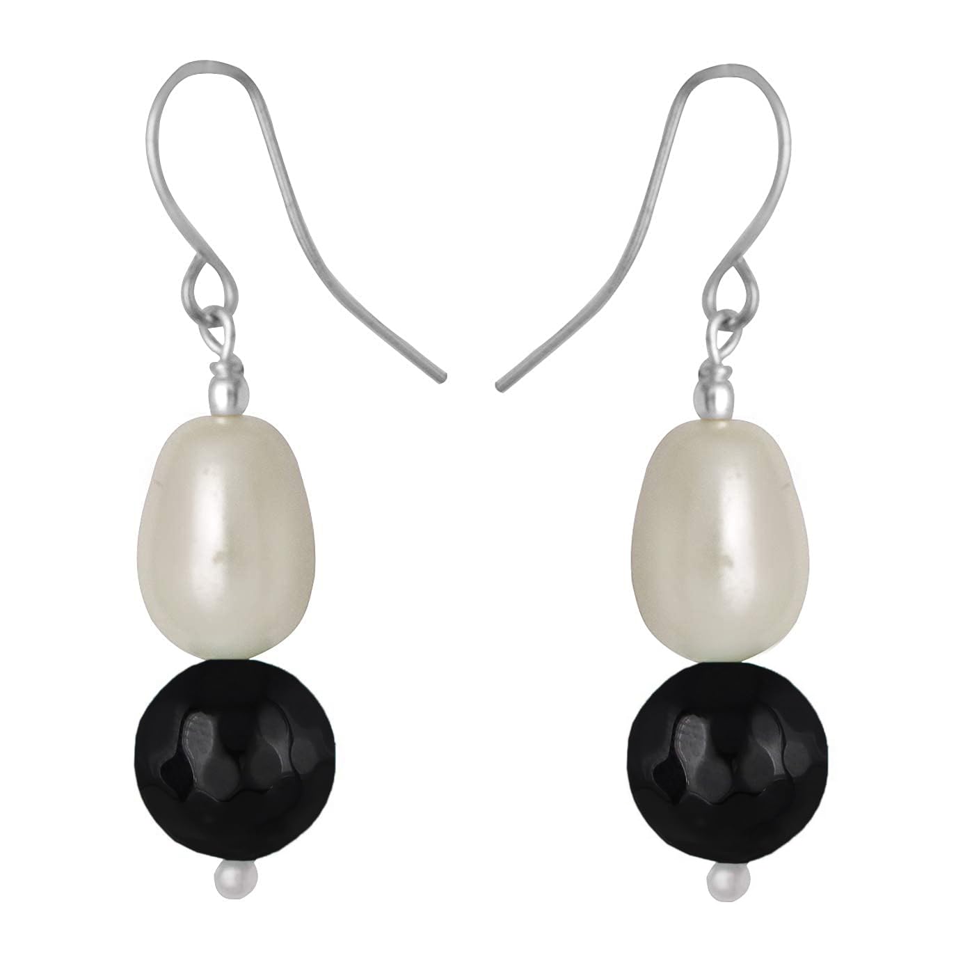 German Silver Plated Design Imitation Pearl Reiki Gemstone Onyx Bead Dangler Earring (Black)