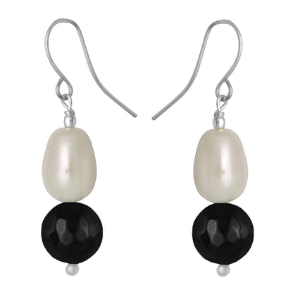 German Silver Plated Design Imitation Pearl Reiki Gemstone Onyx Bead Dangler Earring (Black)