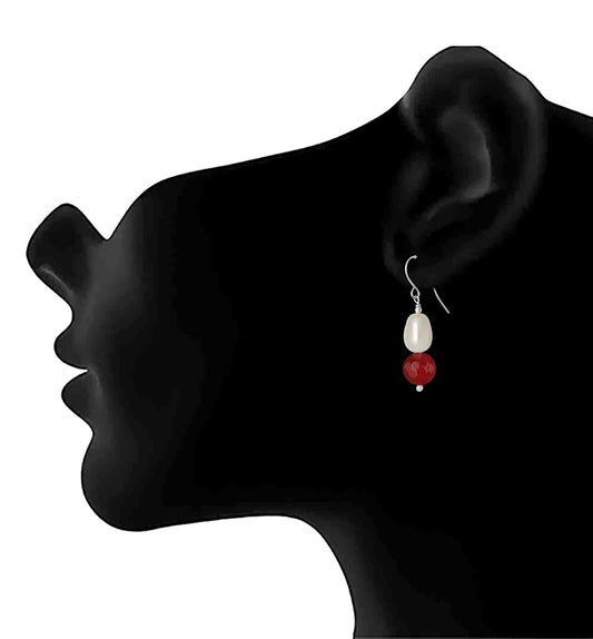 German Silver Plated Design Imitation Pearl Reiki Gemstone Onyx Bead Dangler Earring (Maroon)