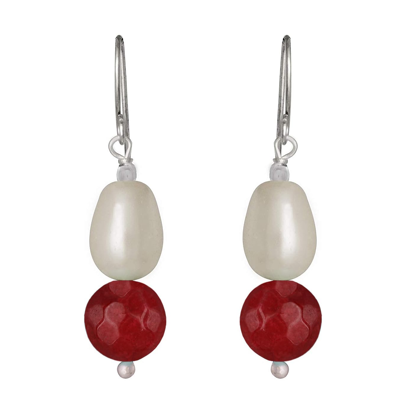 German Silver Plated Design Imitation Pearl Reiki Gemstone Onyx Bead Dangler Earring (Maroon)