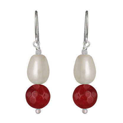 German Silver Plated Design Imitation Pearl Reiki Gemstone Onyx Bead Dangler Earring (Maroon)