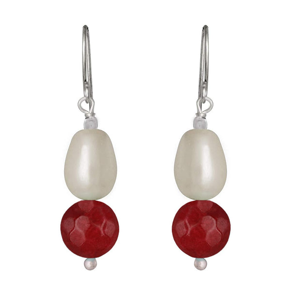 German Silver Plated Design Imitation Pearl Reiki Gemstone Onyx Bead Dangler Earring (Maroon)