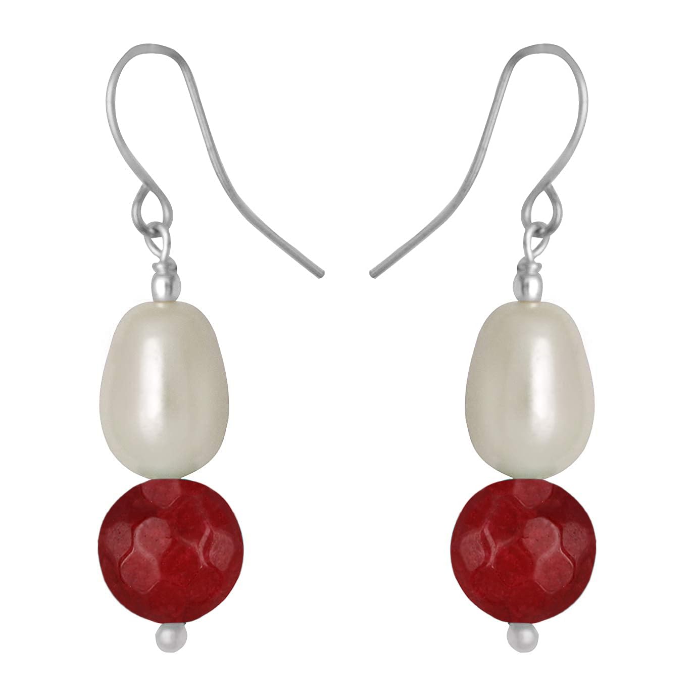 German Silver Plated Design Imitation Pearl Reiki Gemstone Onyx Bead Dangler Earring (Maroon)