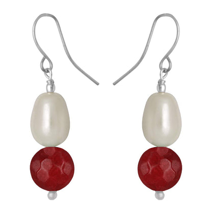 German Silver Plated Design Imitation Pearl Reiki Gemstone Onyx Bead Dangler Earring (Maroon)