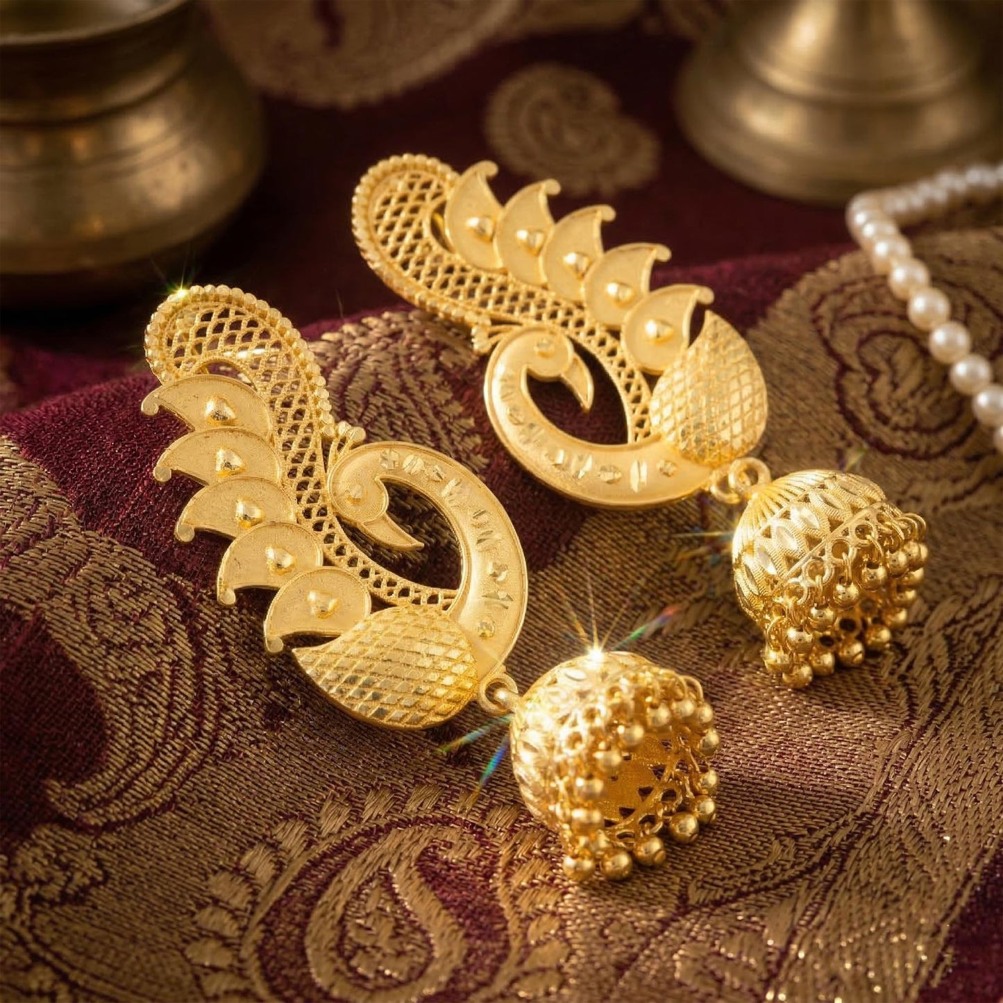 Gold Plated Ear Cuff With Jhumki Peacock Design Ear Wrap Earring