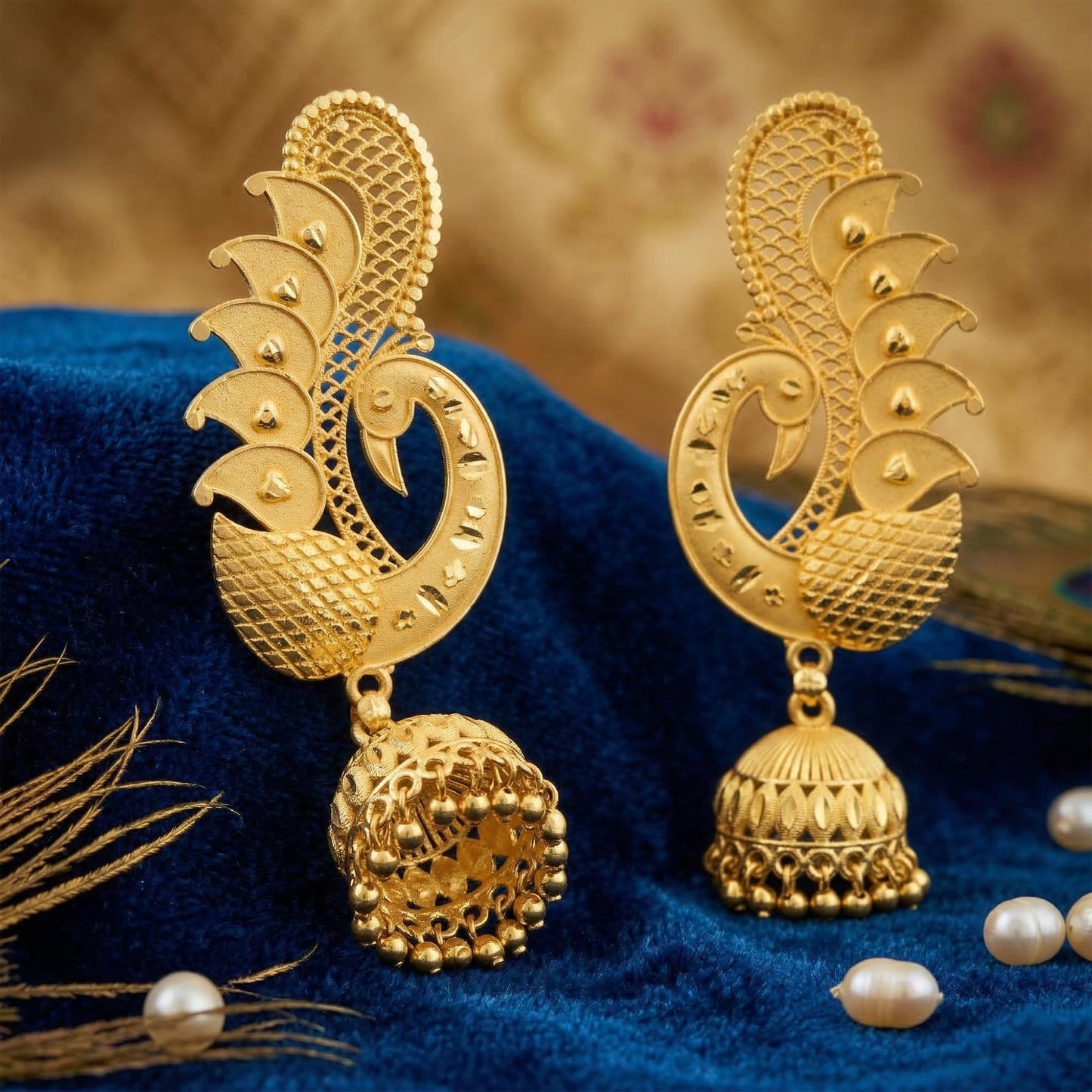 Gold Plated Ear Cuff With Jhumki Peacock Design Ear Wrap Earring