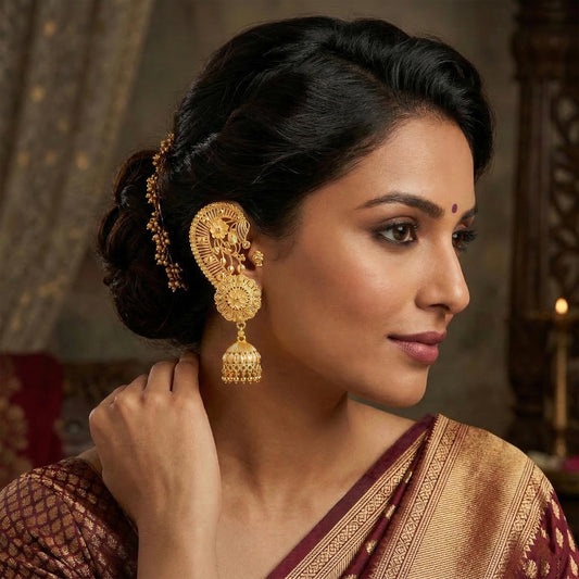 Gold-Plated Floral Ear Cuff with Jhumki – Statement Ear Wrap Earrings