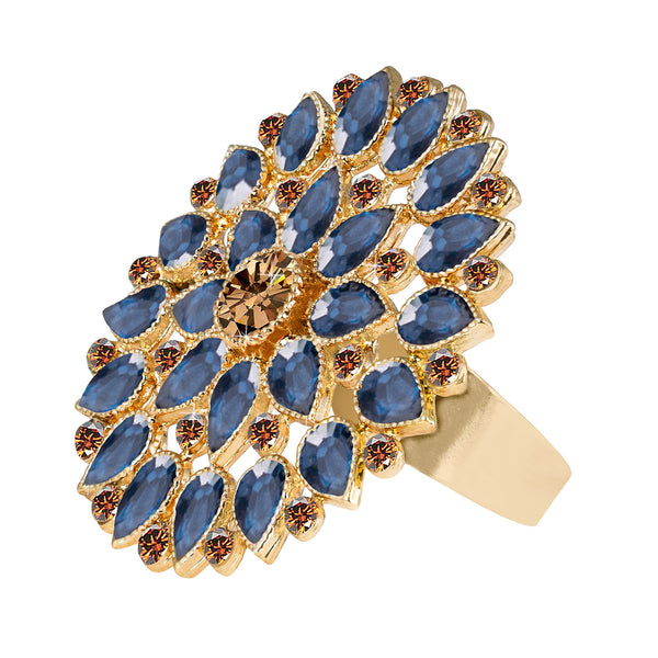 Gold Tone Floral Cz Lcd Diamond Studded Adjustable Finger Ring (Rama Blue)