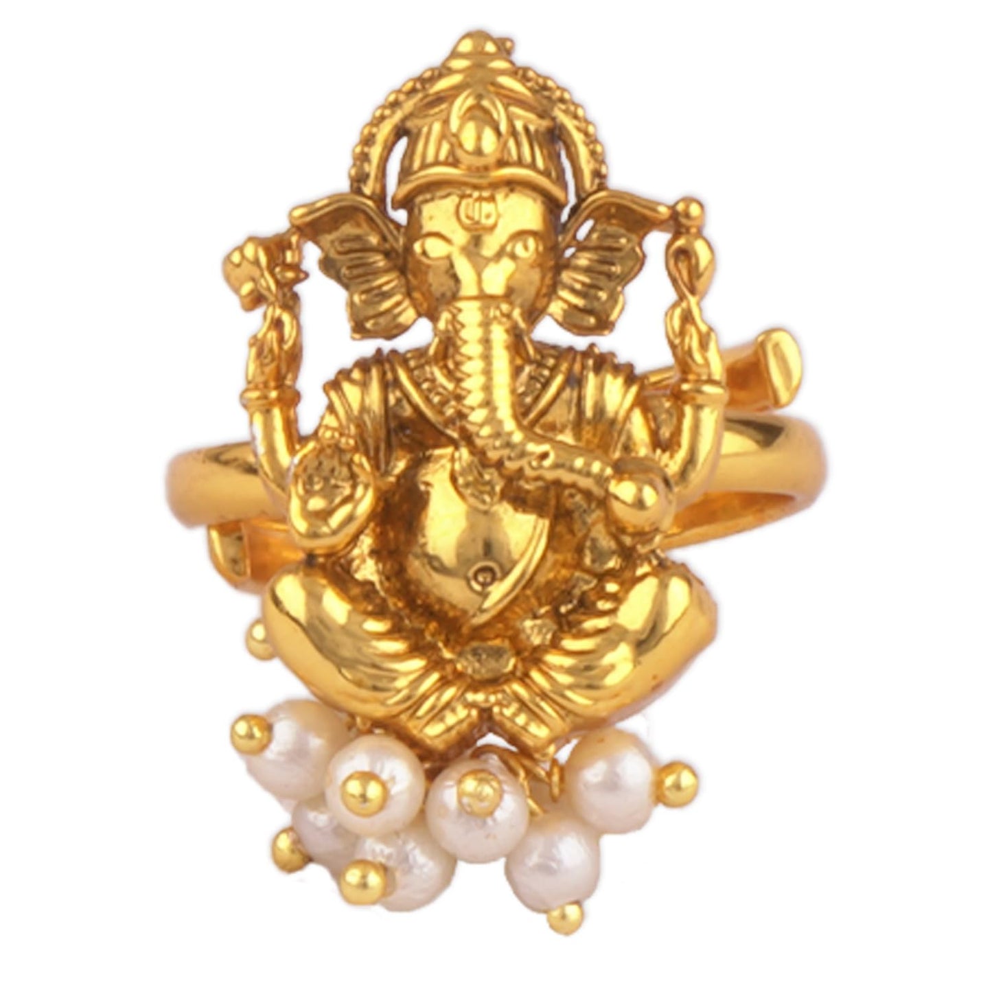  One Gram Gold Plated Lord Ganesha Adjustable Finger Ring .(Pearl)