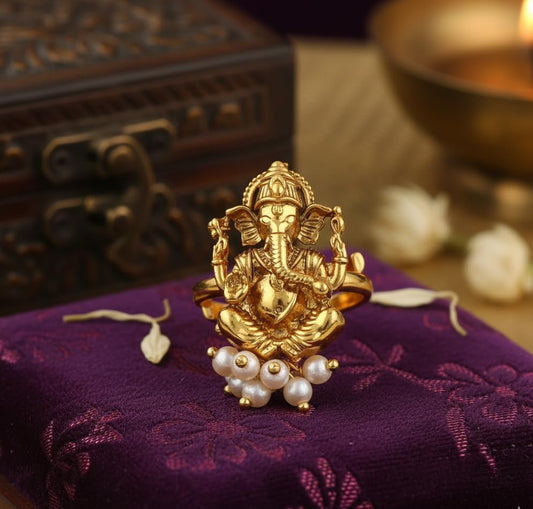  One Gram Gold Plated Lord Ganesha Adjustable Finger Ring .(Pearl)