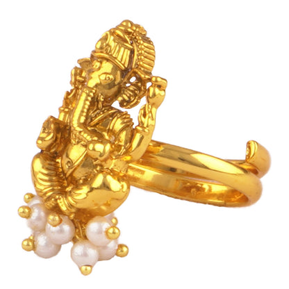  One Gram Gold Plated Lord Ganesha Adjustable Finger Ring .(Pearl)