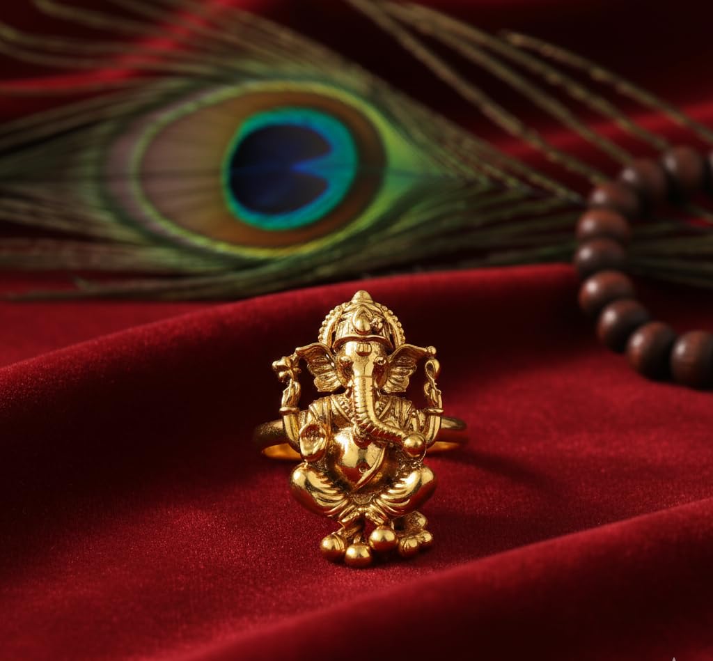  One Gram Gold Plated Lord Ganesha Adjustable Finger Ring .(Gold Ghungru)