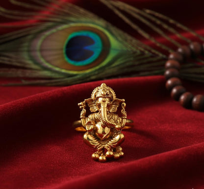 One Gram Gold Plated Lord Ganesha Adjustable Finger Ring .(Gold Ghungru)