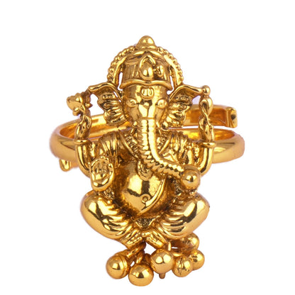  One Gram Gold Plated Lord Ganesha Adjustable Finger Ring .(Gold Ghungru)