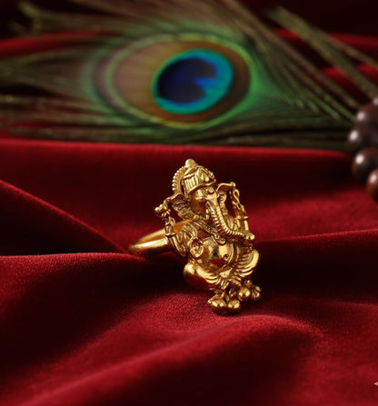  One Gram Gold Plated Lord Ganesha Adjustable Finger Ring .(Gold Ghungru)