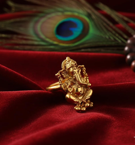  One Gram Gold Plated Lord Ganesha Adjustable Finger Ring .(Gold Ghungru)