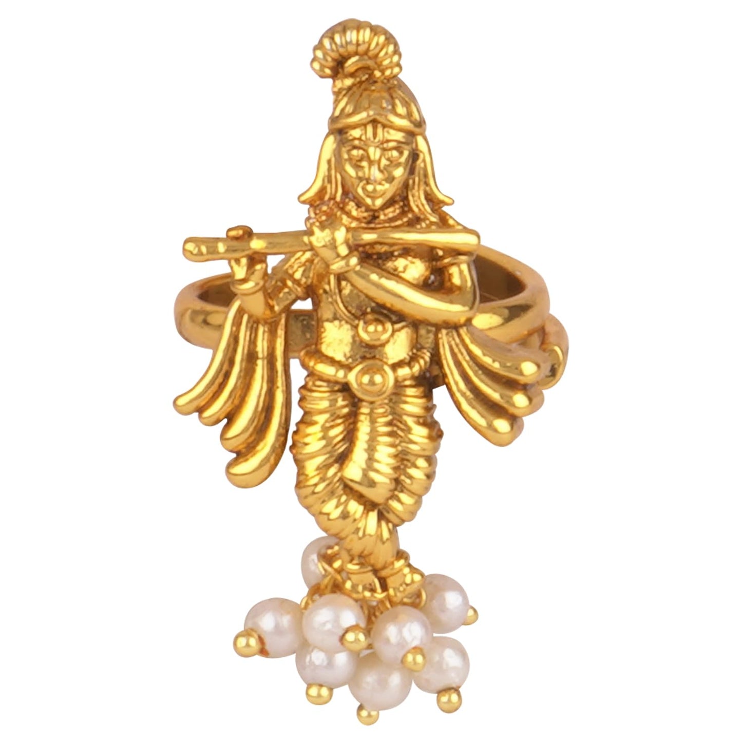  Gold Plated Antique Lord Krishna Adjustable Finger Ring Indian Temple Ring (Pearl)