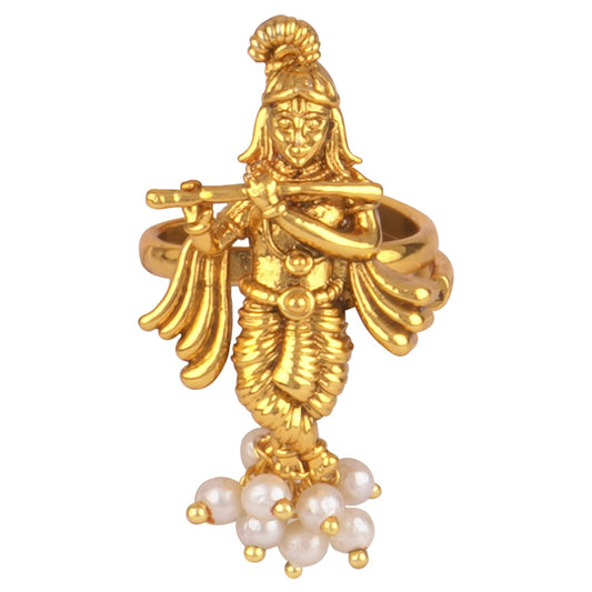  Gold Plated Antique Lord Krishna Adjustable Finger Ring Indian Temple Ring (Pearl)
