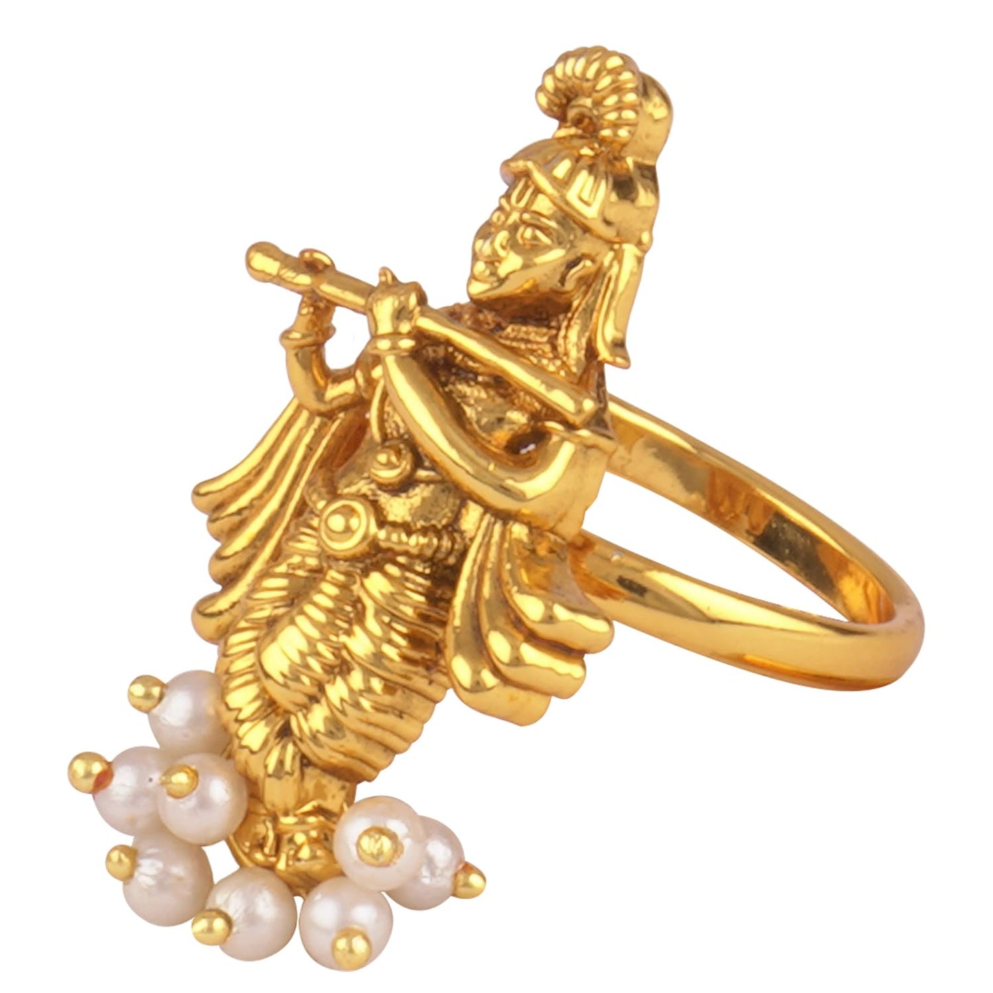  Gold Plated Antique Lord Krishna Adjustable Finger Ring Indian Temple Ring (Pearl)