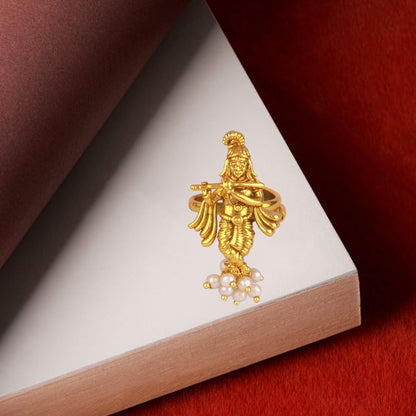  Gold Plated Antique Lord Krishna Adjustable Finger Ring Indian Temple Ring (Pearl)