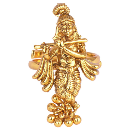  Gold Plated Antique Lord Krishna Adjustable Finger Ring Indian Temple Ring (Gold Dangle)