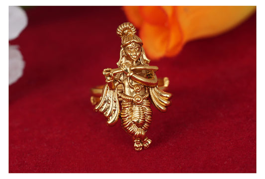  One Gram Micro Gold Plated Antique Lord Krishna Adjustable Finger Ring Indian Temple Ring