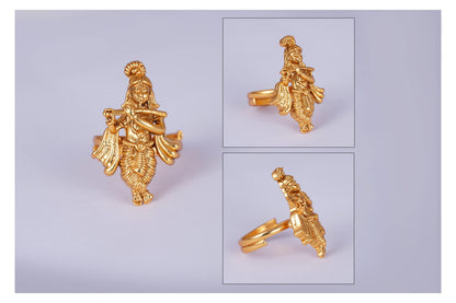  One Gram Micro Gold Plated Antique Lord Krishna Adjustable Finger Ring Indian Temple Ring