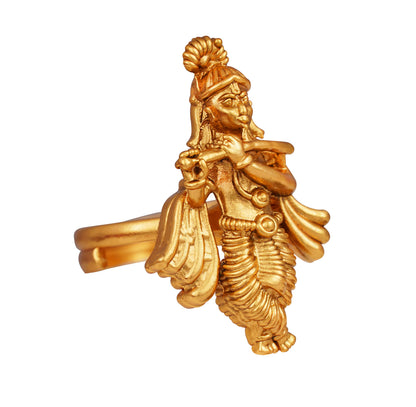 One Gram Micro Gold Plated Antique Lord Krishna Adjustable Finger Ring Indian Temple Ring
