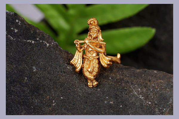  One Gram Micro Gold Plated Antique Lord Krishna Adjustable Finger Ring Indian Temple Ring