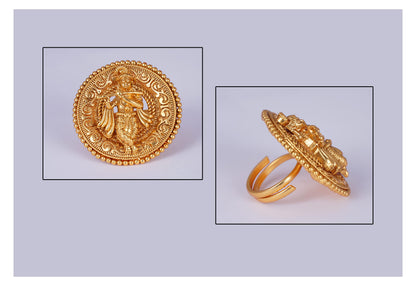  One Gram Micro Gold Plated Antique Round Lord Krishna Adjustable Finger Ring Indian Temple