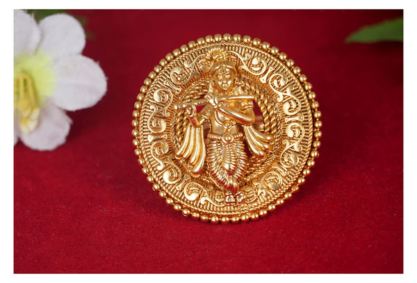  One Gram Micro Gold Plated Antique Round Lord Krishna Adjustable Finger Ring Indian Temple