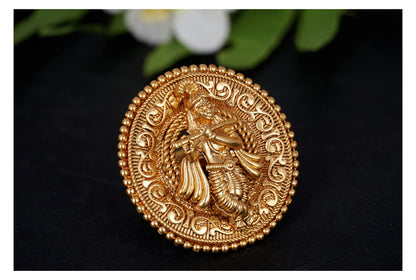  One Gram Micro Gold Plated Antique Round Lord Krishna Adjustable Finger Ring Indian Temple