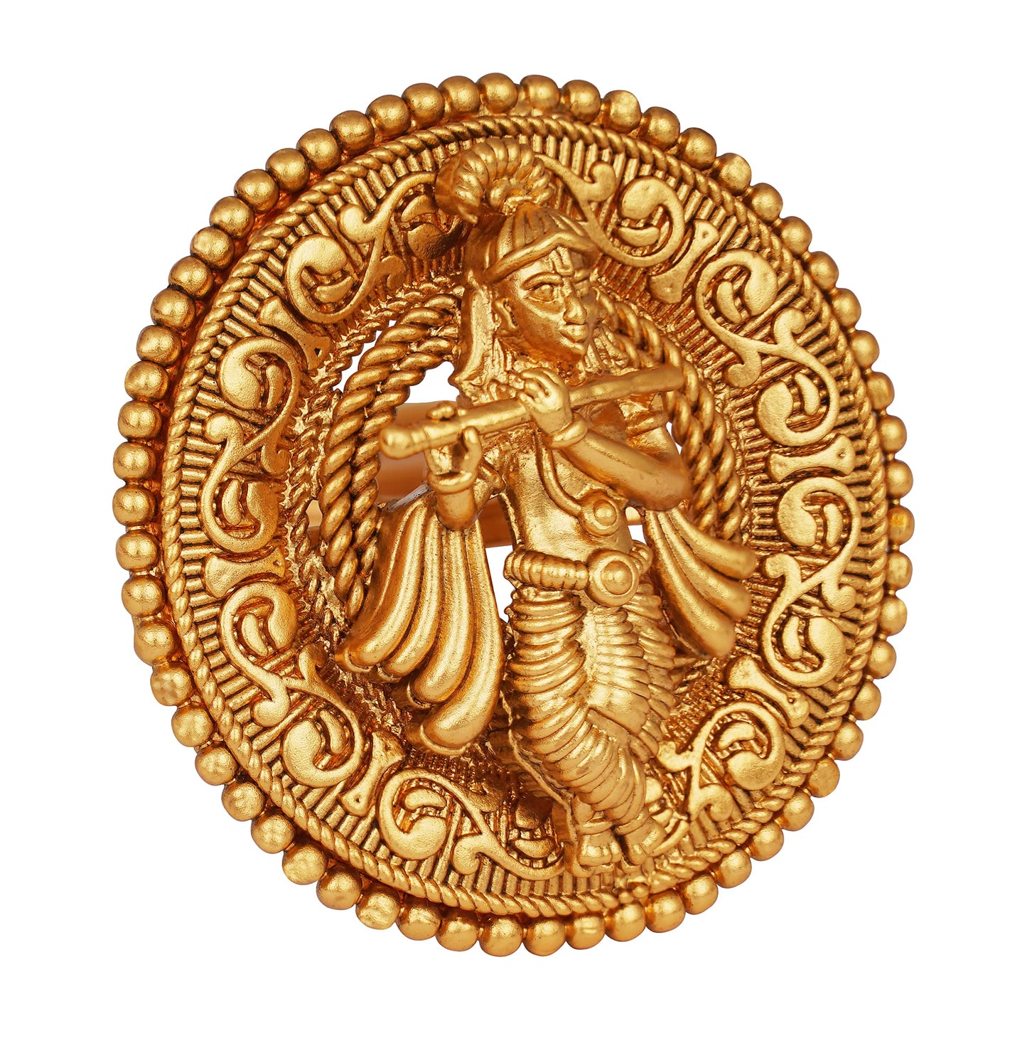  One Gram Micro Gold Plated Antique Round Lord Krishna Adjustable Finger Ring Indian Temple