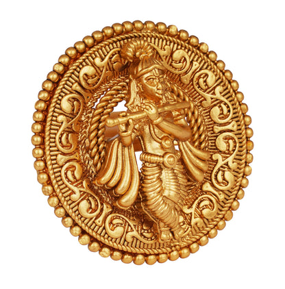  One Gram Micro Gold Plated Antique Round Lord Krishna Adjustable Finger Ring Indian Temple
