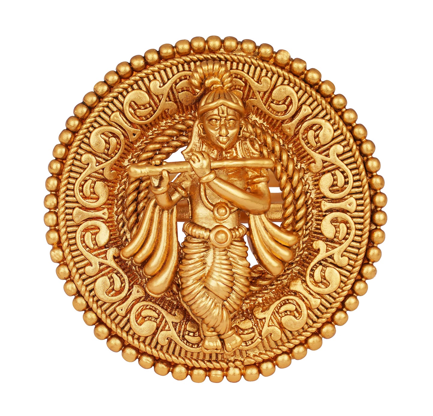  One Gram Micro Gold Plated Antique Round Lord Krishna Adjustable Finger Ring Indian Temple
