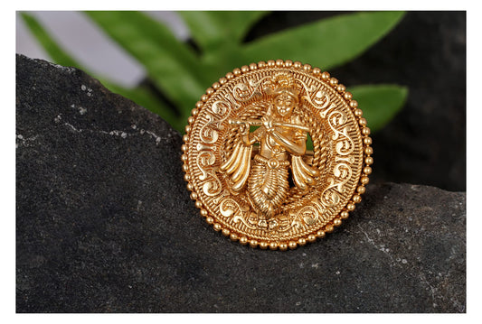  One Gram Micro Gold Plated Antique Round Lord Krishna Adjustable Finger Ring Indian Temple