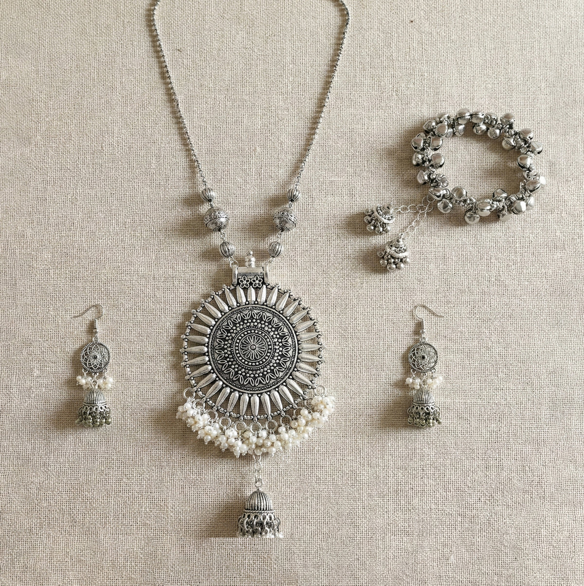 JFL‑Jewellery for Less Oxidised Silver Jewellery Set–Necklace,Earrings & Ghungroo Bracelet with Intricate Circular Pendant and White Bead Fringe, Matching Danglers-For Women & Girls–Navratri,Garba
