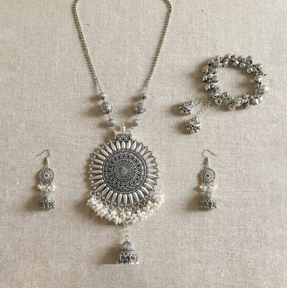 JFL‑Jewellery for Less Oxidised Silver Jewellery Set–Necklace,Earrings & Ghungroo Bracelet with Intricate Circular Pendant and White Bead Fringe, Matching Danglers-For Women & Girls–Navratri,Garba