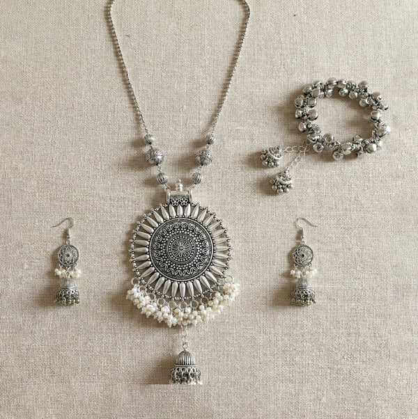 JFL‑Jewellery for Less Oxidised Silver Jewellery Set–Necklace,Earrings & Ghungroo Bracelet with Intricate Circular Pendant and White Bead Fringe, Matching Danglers-For Women & Girls–Navratri,Garba