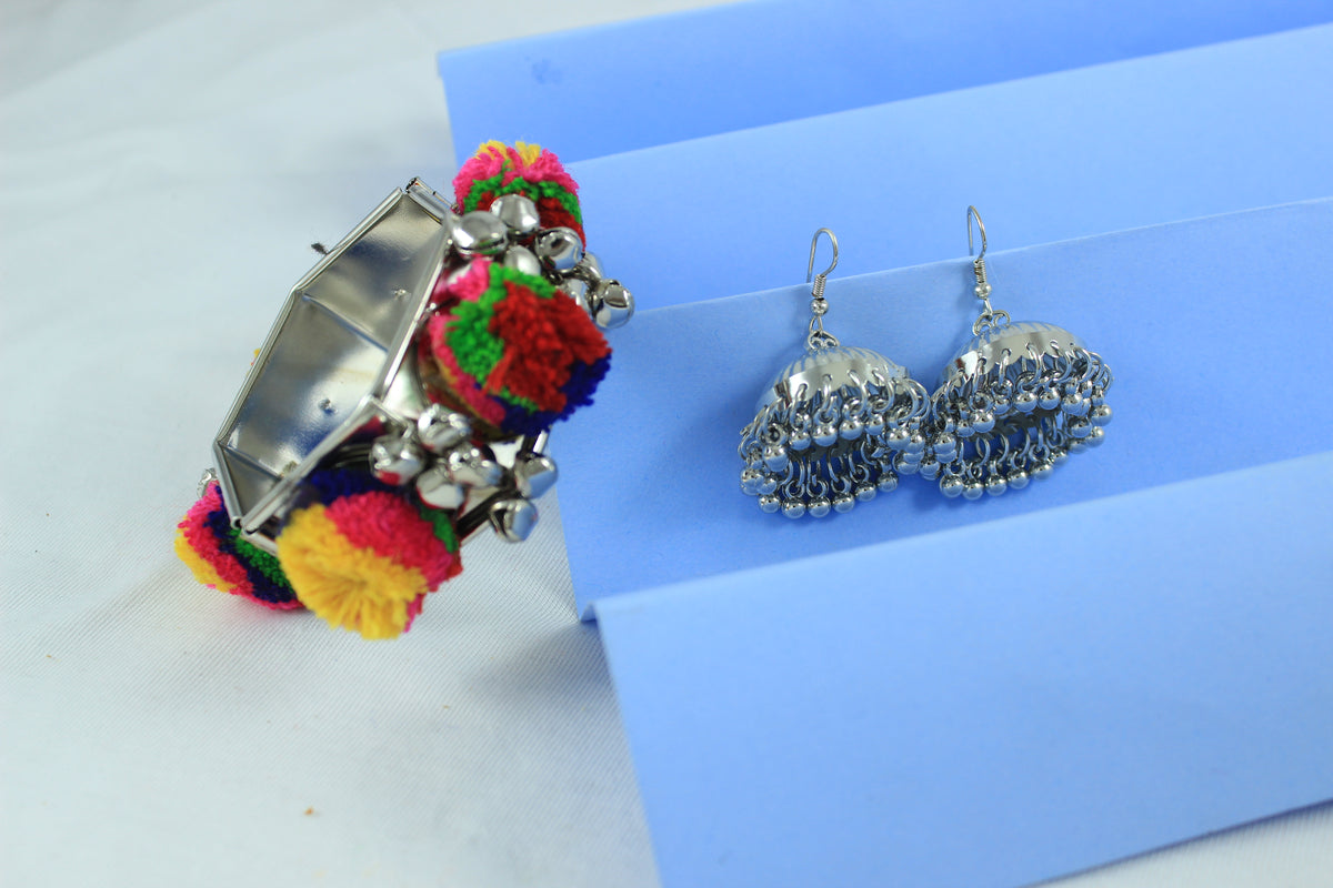 JFL - Jewellery for Less Navratri Special Oxidised Silver Jhumka Earrings with Colorful Pom-Pom Bracelet Set for Women & Girls
